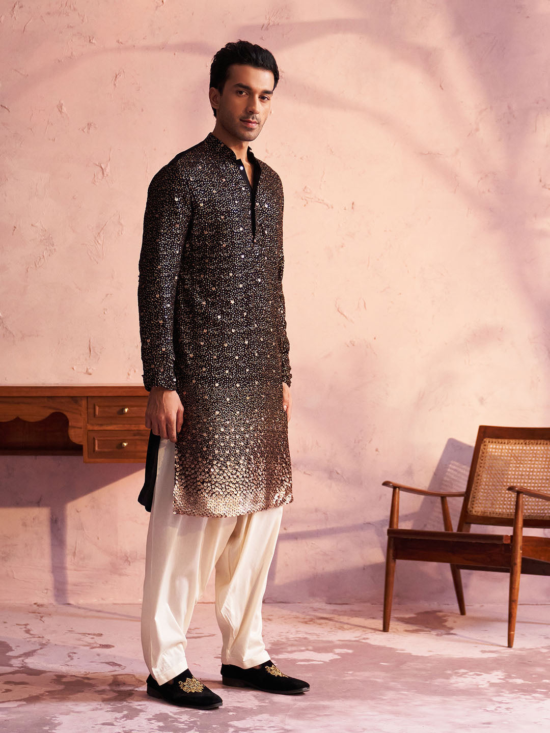 Men's Black Georgette Zari With Sequins Worked Kurta Patiala Set