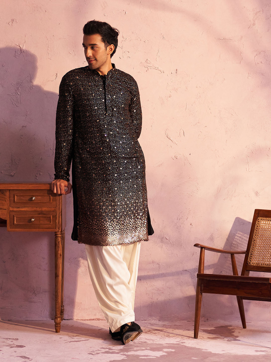 Men's Black Georgette Zari With Sequins Worked Kurta Patiala Set