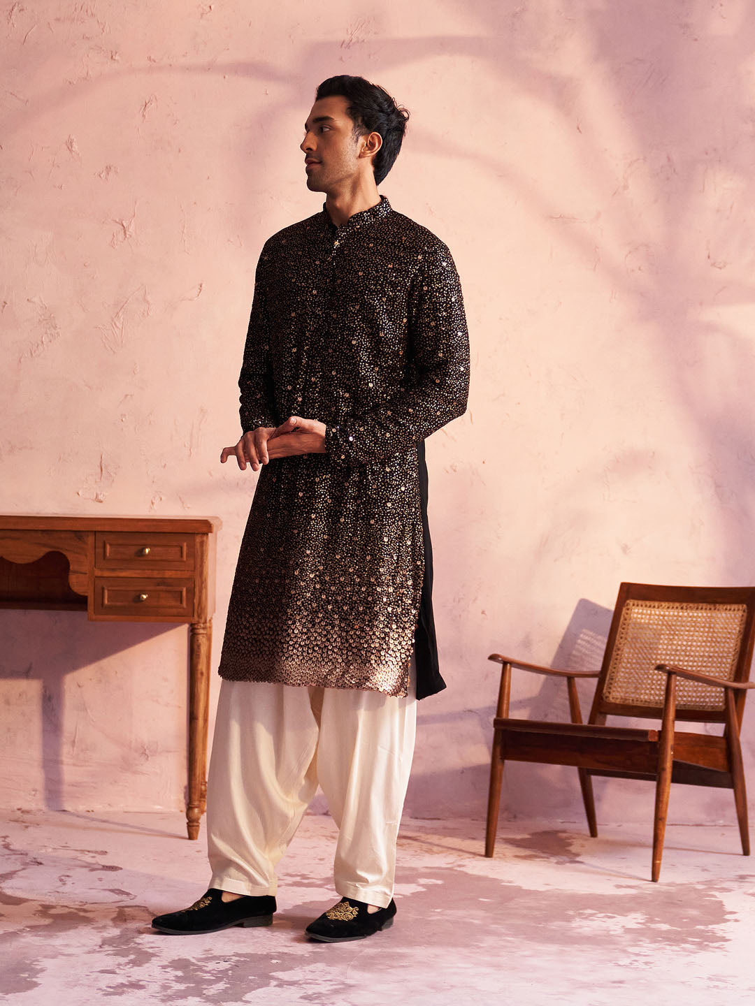 Men's Black Georgette Zari With Sequins Worked Kurta Patiala Set