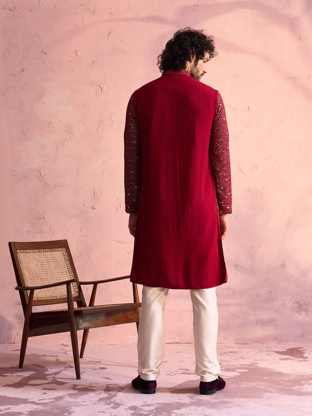 Men's Maroon Georgette Zari With Sequins Worked Kurta Pant Set