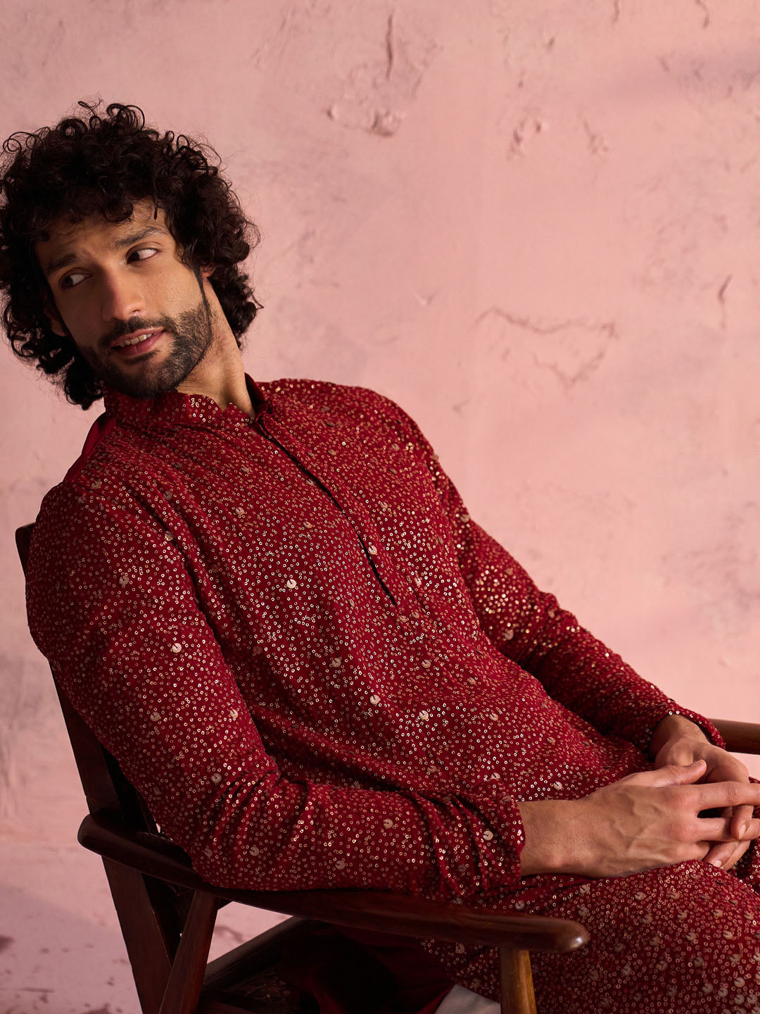 Men's Maroon Georgette Zari With Sequins Worked Kurta Pant Set