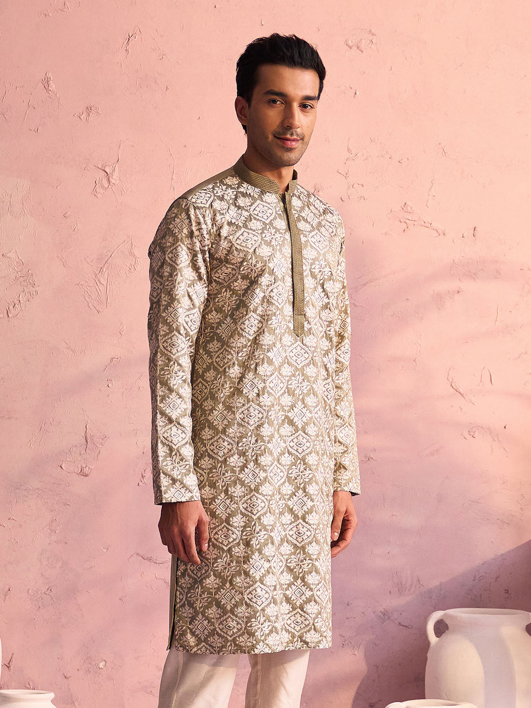 Men's Light Green Thread Worked Silk Kurta
