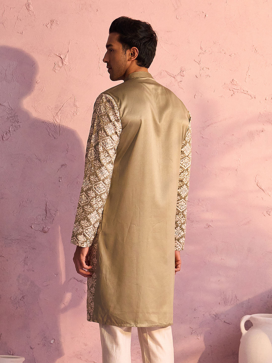 Men's Light Green Thread Worked Silk Kurta