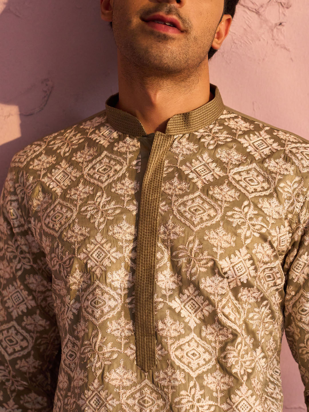 Men's Light Green Thread Worked Silk Kurta