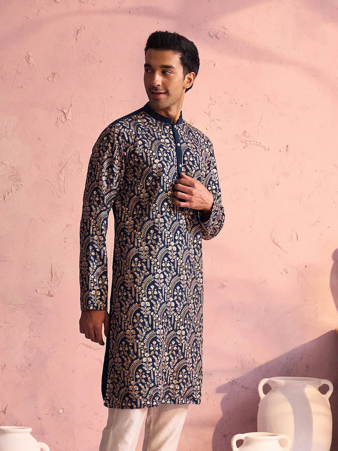 Men's Bottle Green Georgette Embroidered Kurta