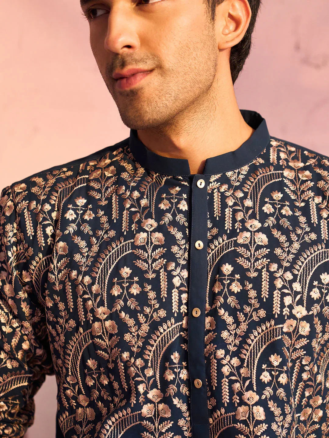 Men's Bottle Green Georgette Embroidered Kurta
