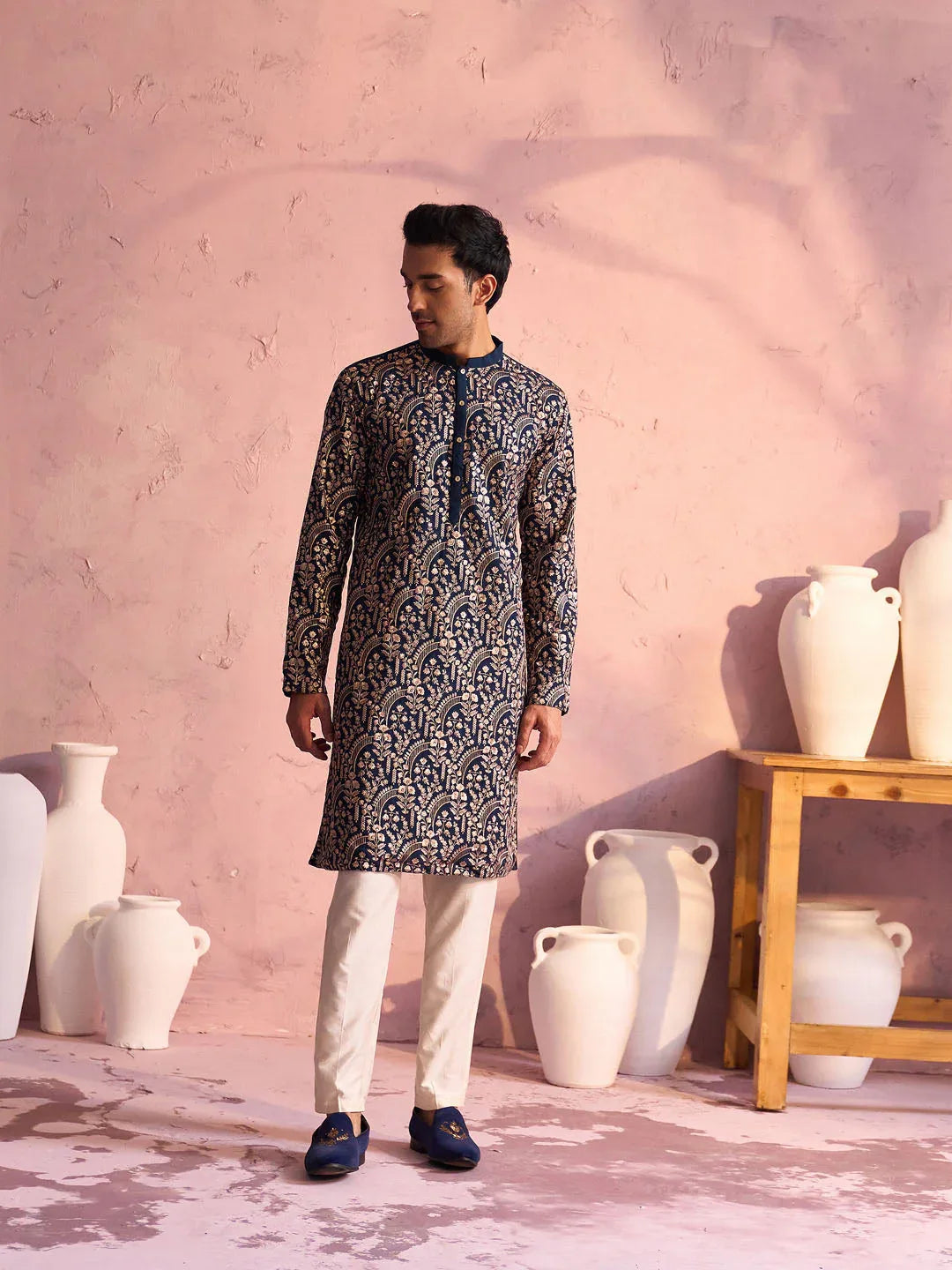 Men's Bottle Green Georgette Embroidered Kurta