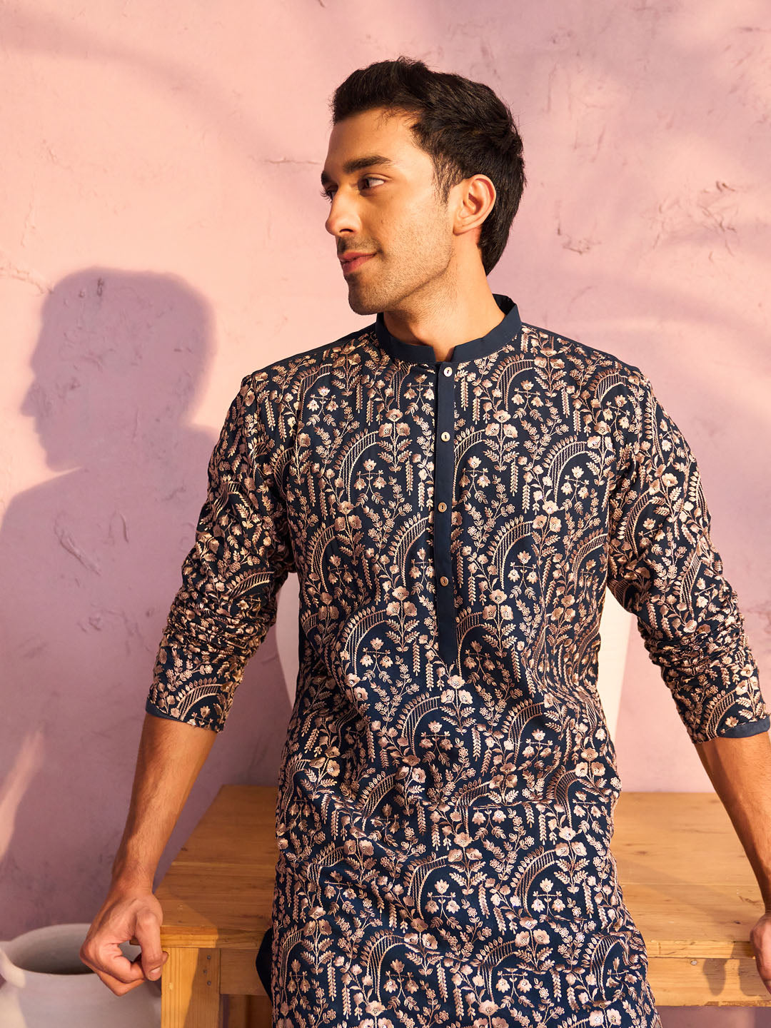 Men's Bottle Green Georgette Embroidered Kurta Pyjama Set