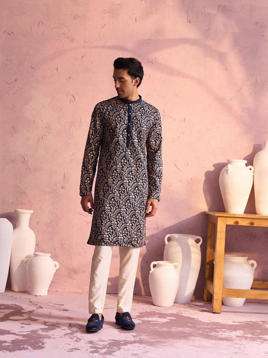 Men's Bottle Green Georgette Embroidered Kurta Pyjama Set