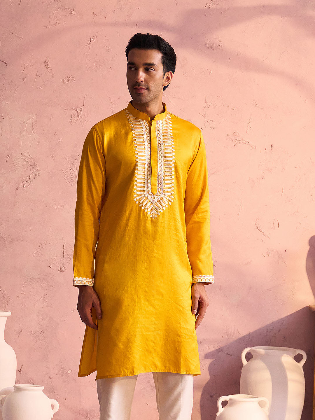 Men's Yellow Silk Machine Embroidered Kurta