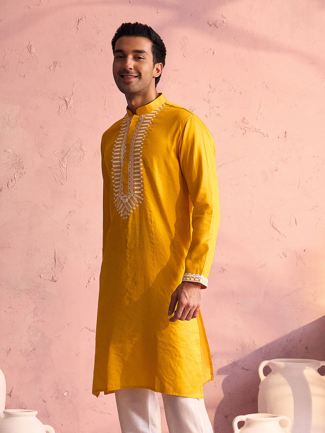 Men's Yellow Silk Machine Embroidered Kurta