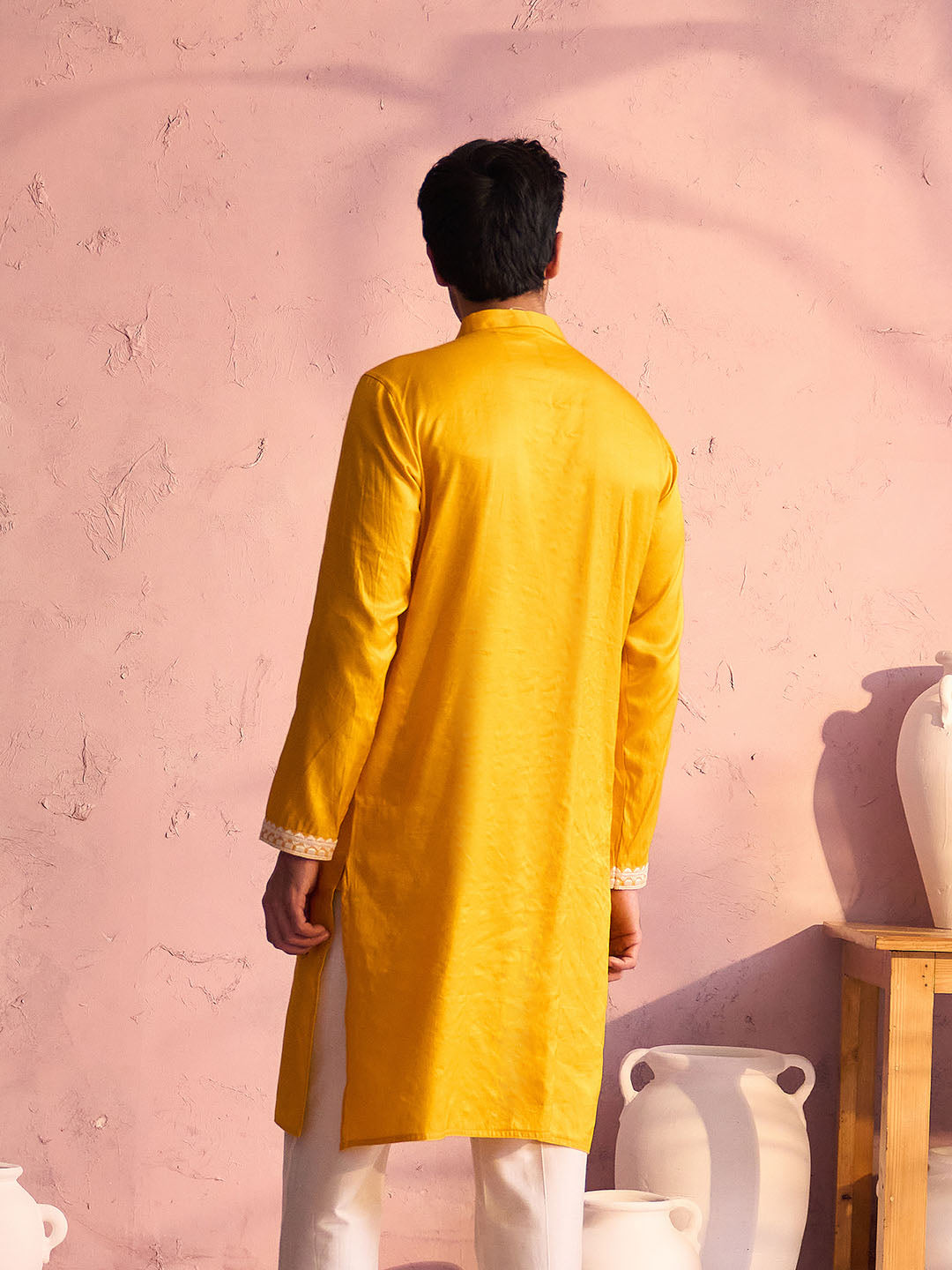 Men's Yellow Silk Machine Embroidered Kurta