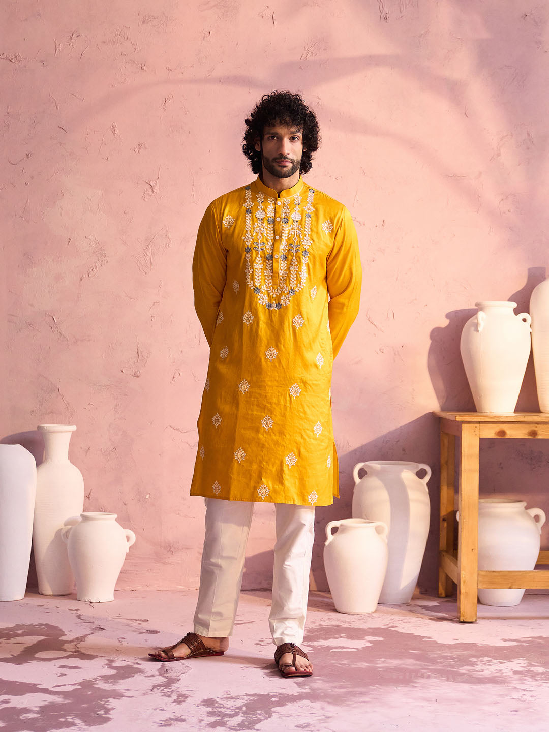 Men's Yellow Embroidered Silk Kurta Pyjama Set