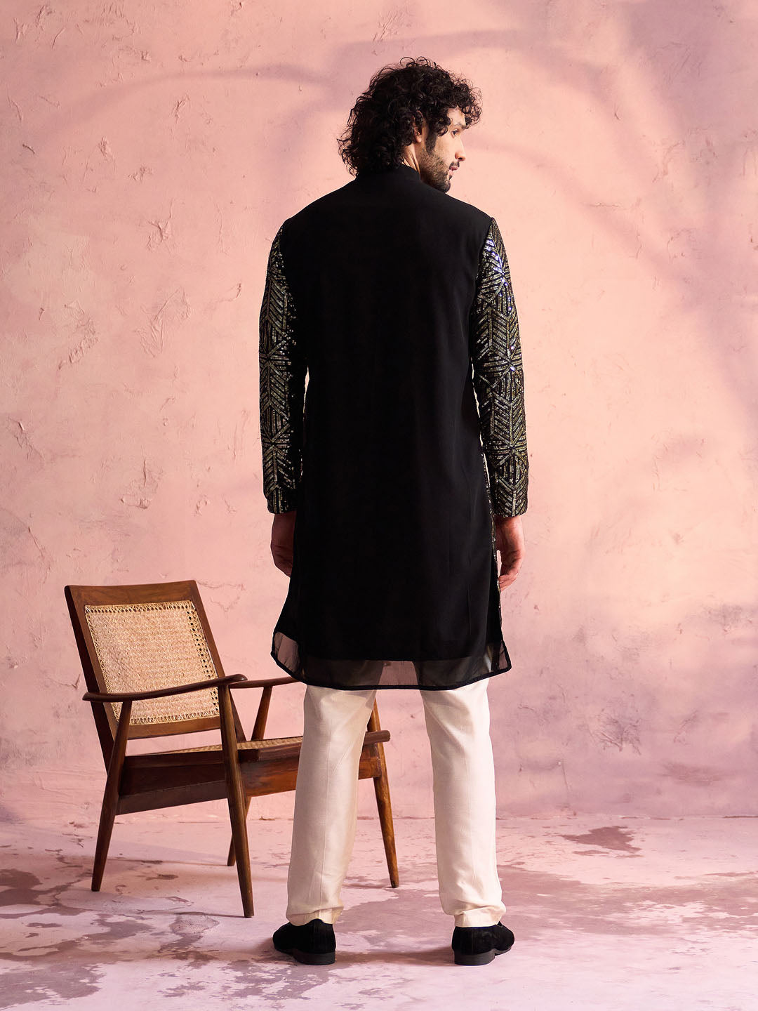 Men's Black Georgette Embellished Kurta Pant Set