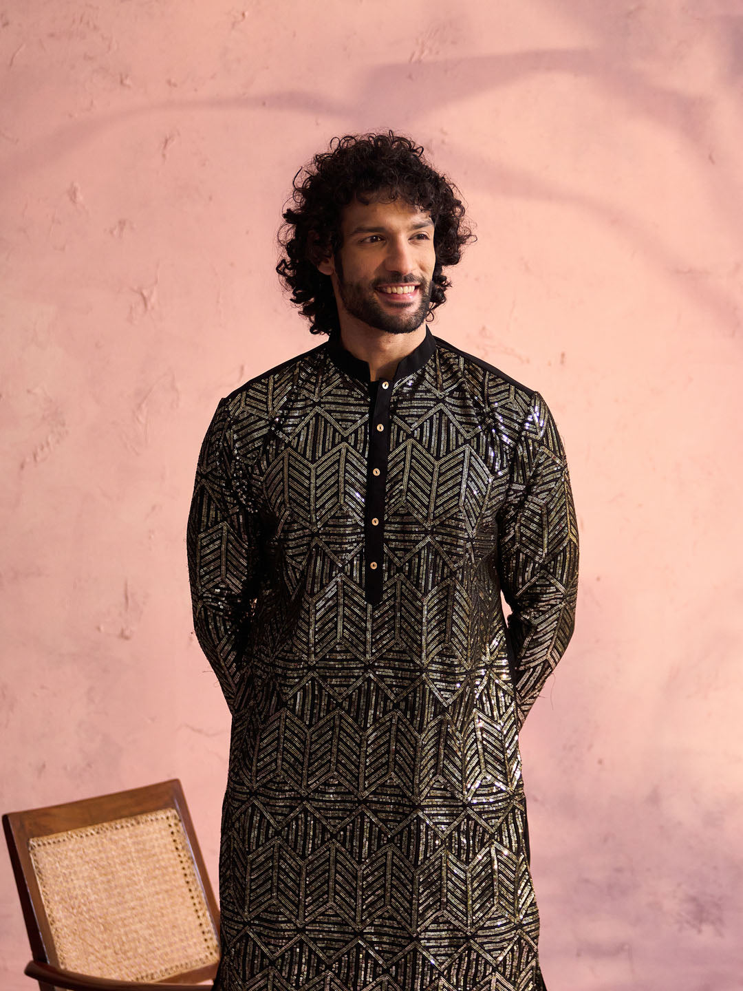Men's Black Georgette Embellished Kurta Pant Set