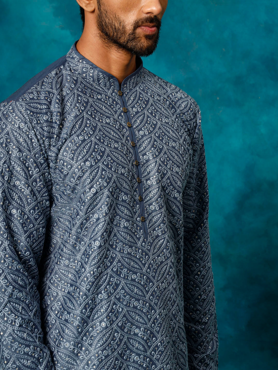 Men's Grey Cotton Schiflli Kurta