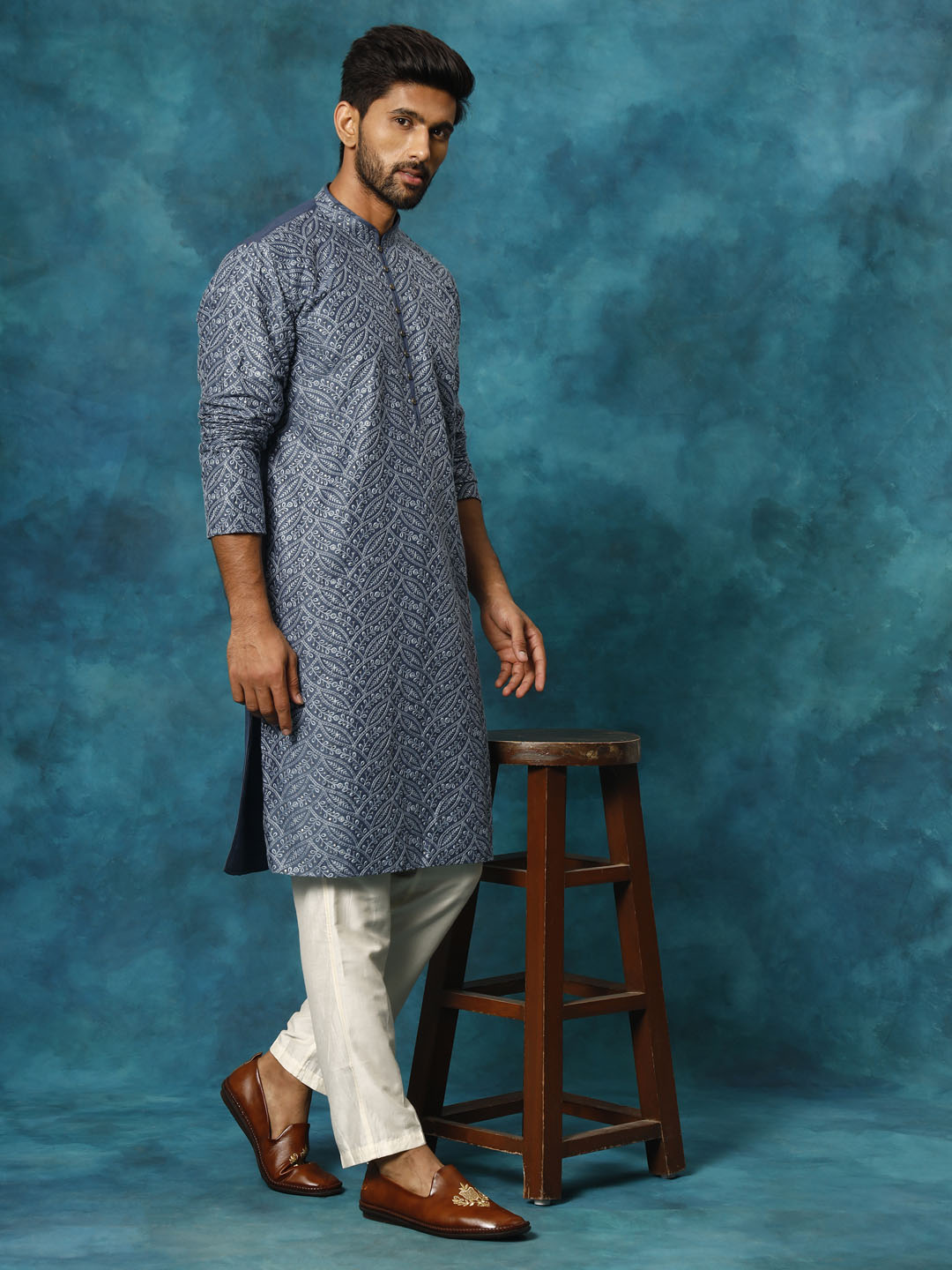 Men's Grey Cotton Schiflli Kurta