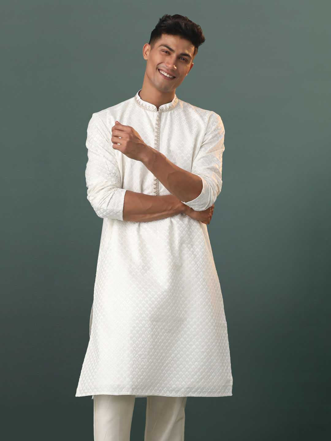 Men's Cream Embroidered Cotton Blend Kurta
