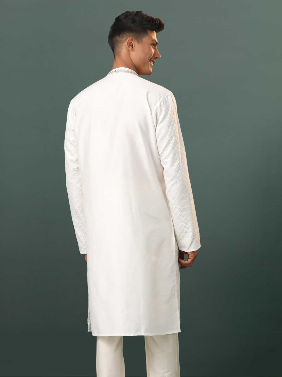 Men's Cream Embroidered Cotton Blend Kurta