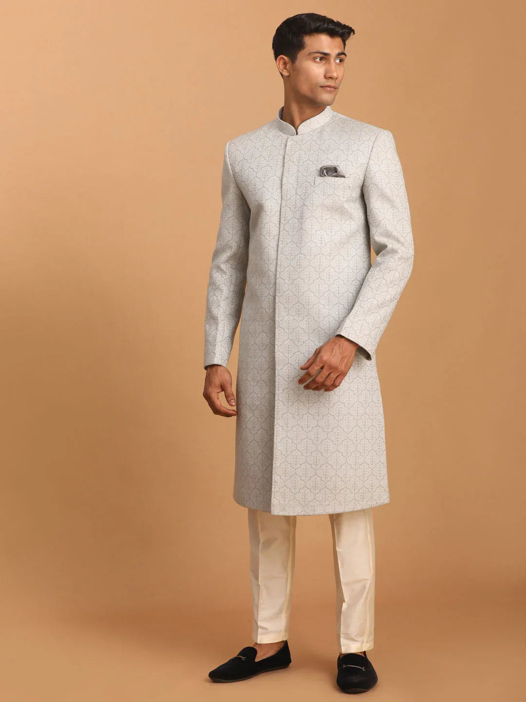 Men's Grey Jaccard Sherwani With Cream Pant Set