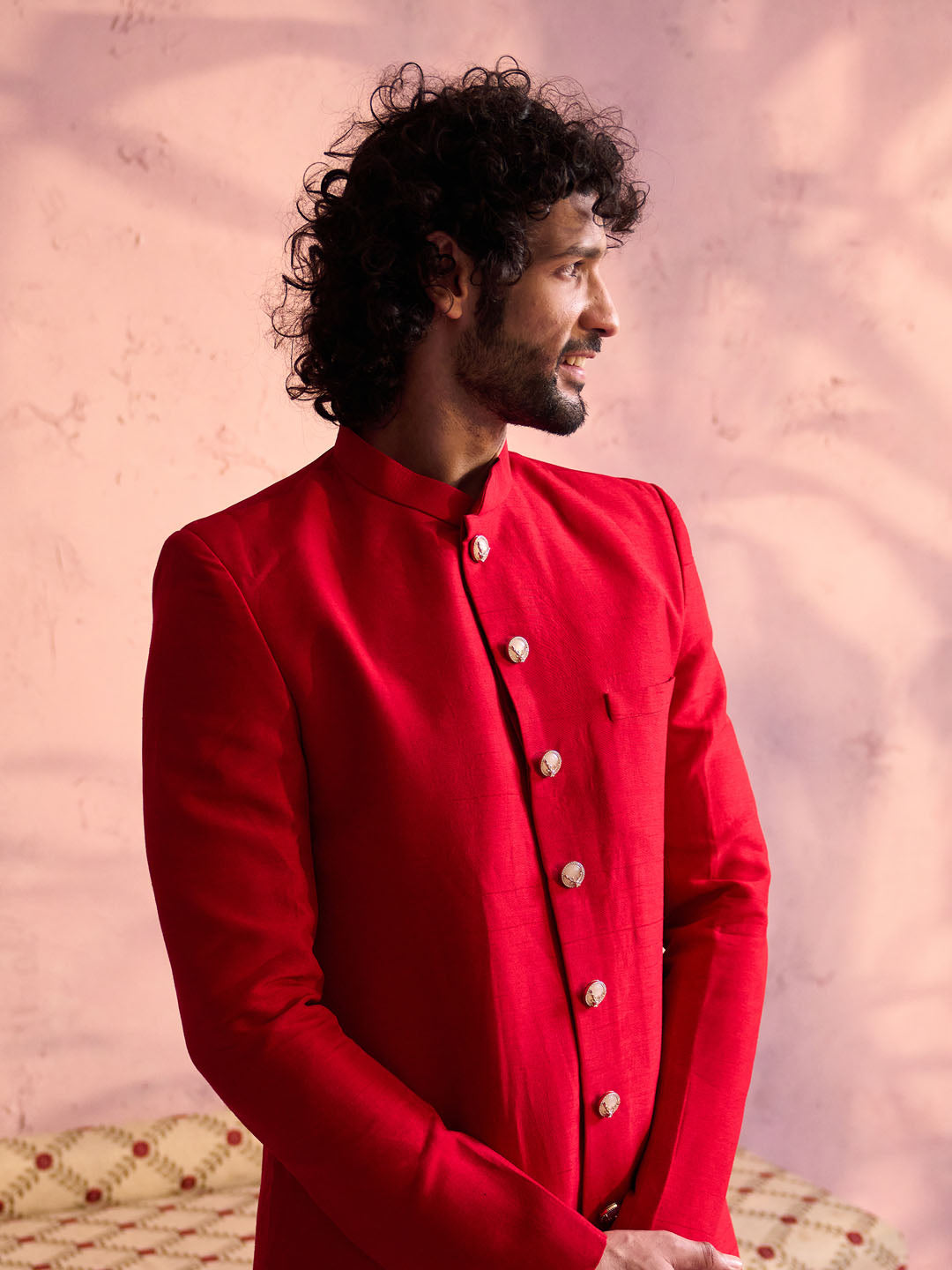 Men's Red Silk Solid Sherwani Set