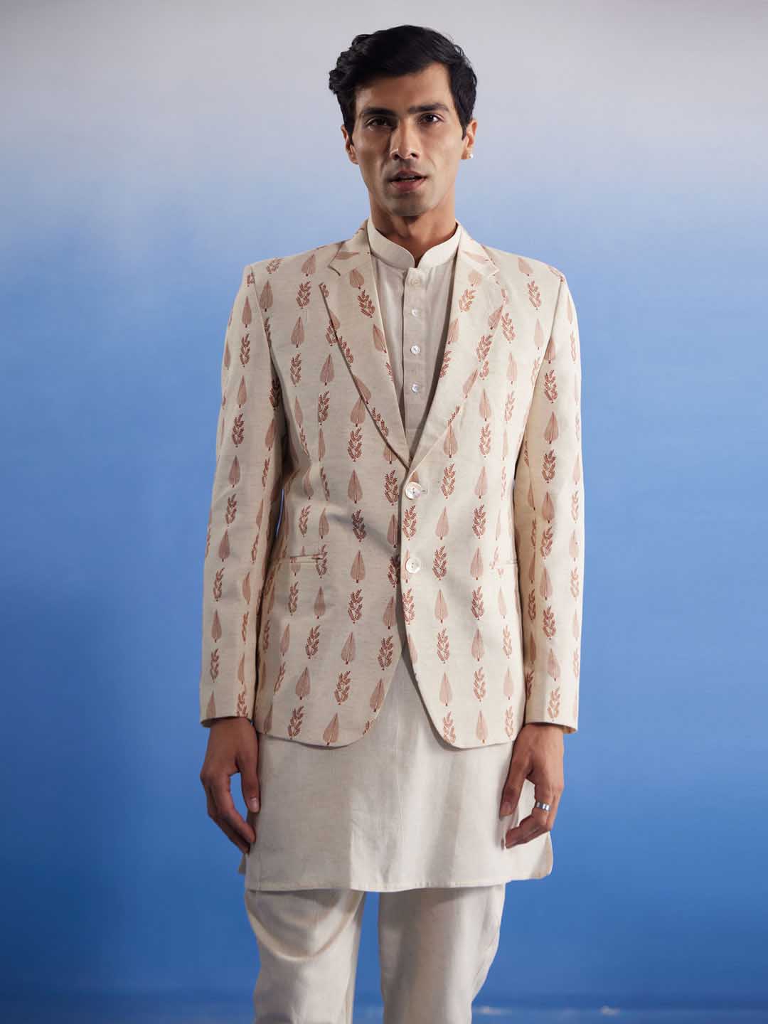 Men's Cream Leaf Printed Blazer