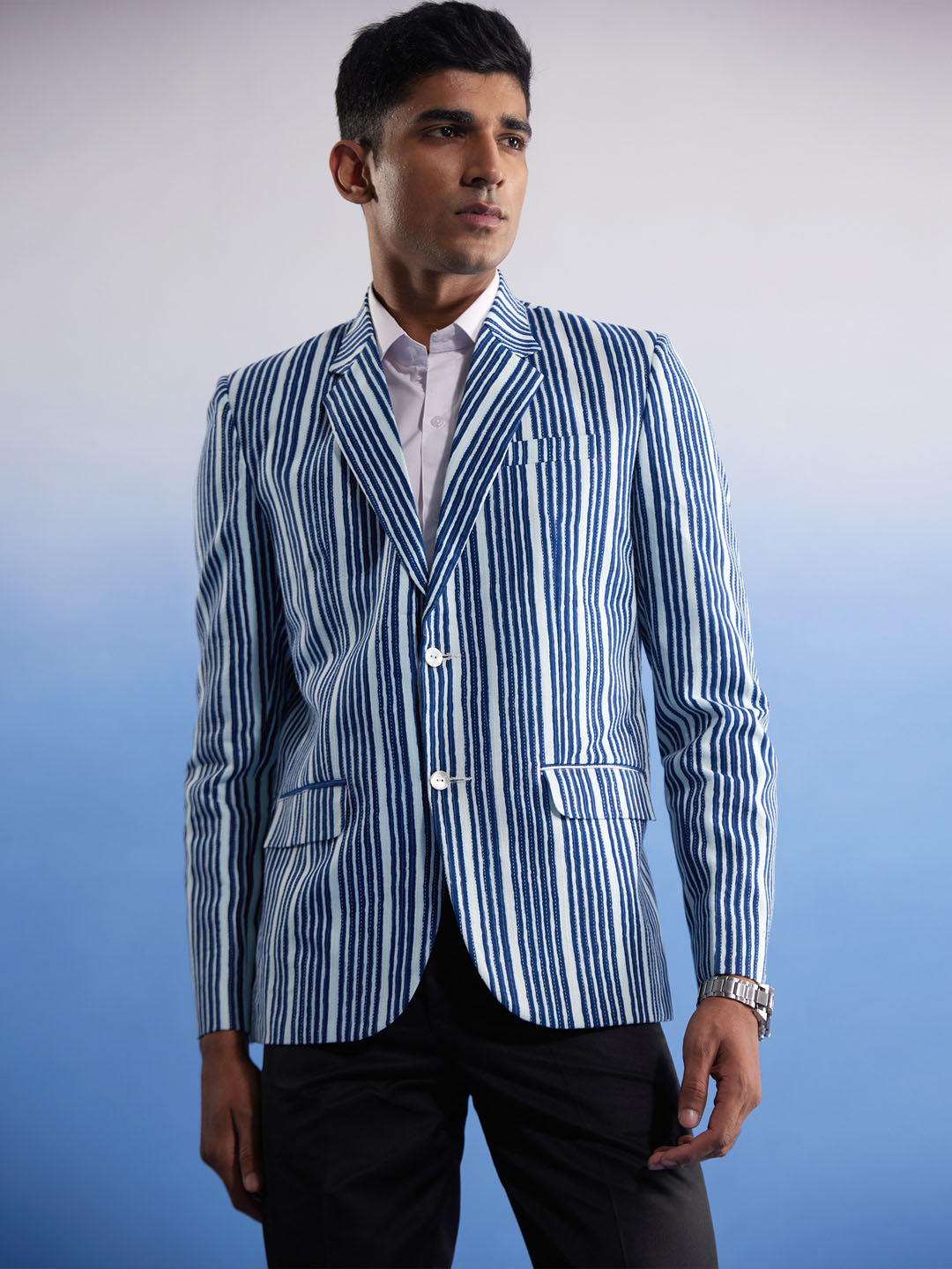 Men's Blue And White Striped Blazer
