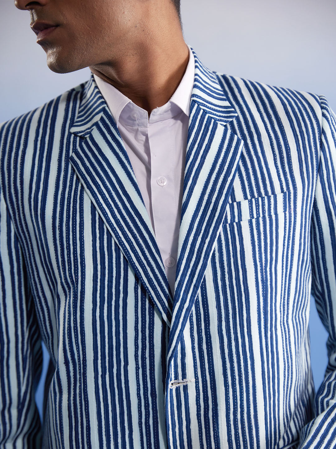 Men's Blue And White Striped Blazer