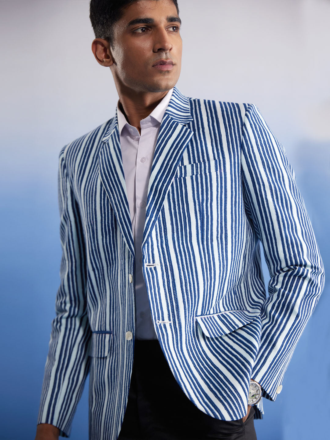 Men's Blue And White Striped Blazer