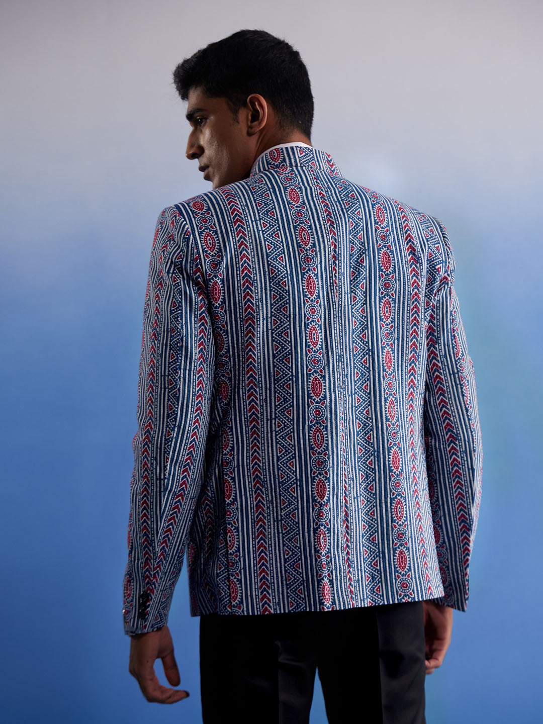 Men's Aqua And Red Ethnic Printed Ctton Blazer