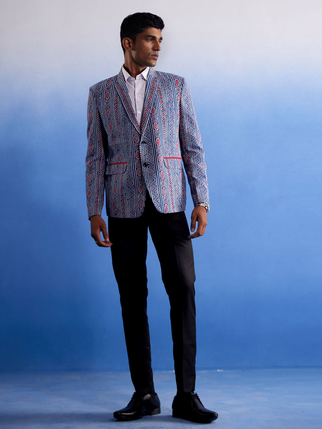 Men's Aqua And Red Ethnic Printed Ctton Blazer