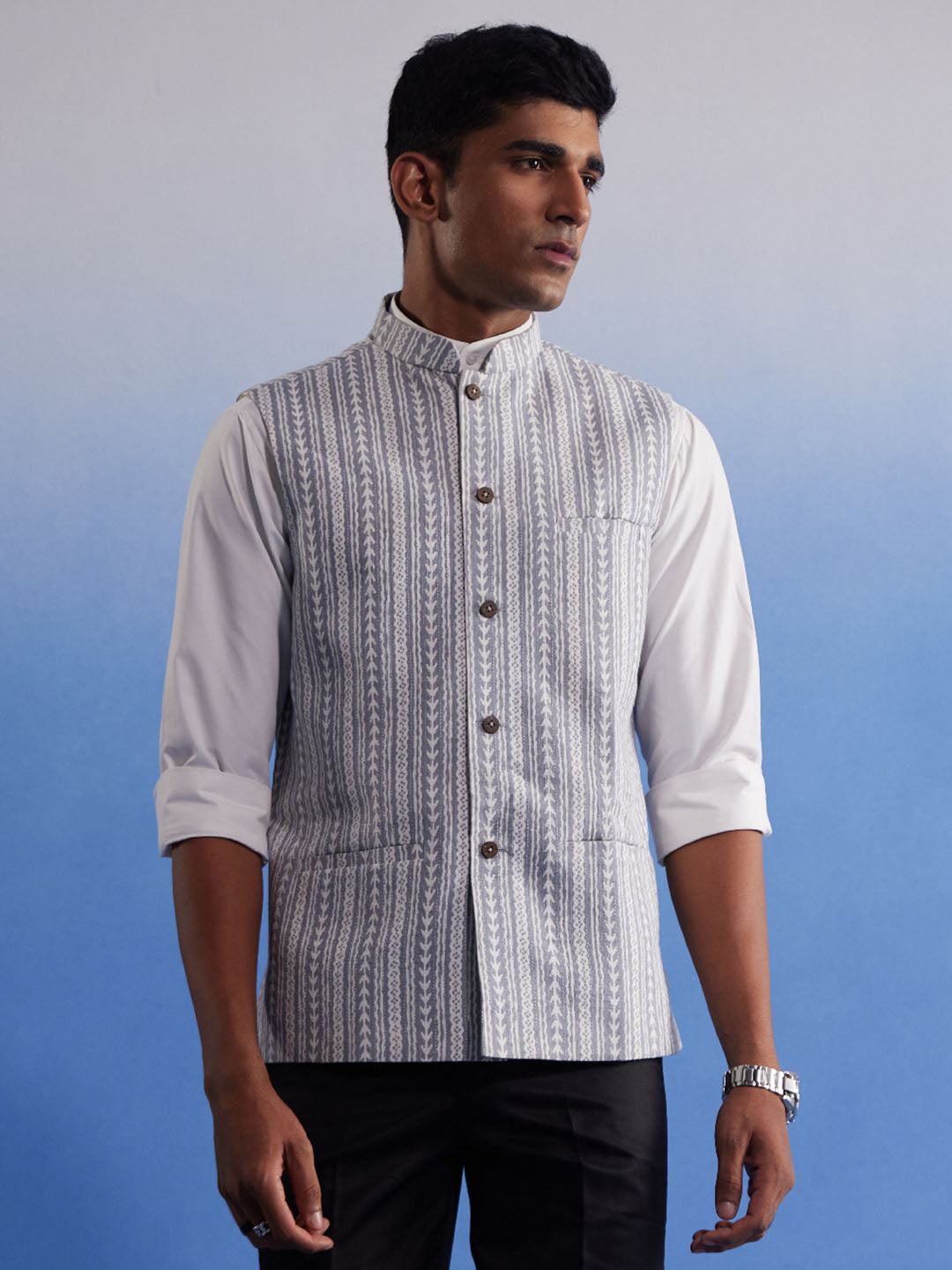 Men's Grey Aztec Print Nehru Jacket