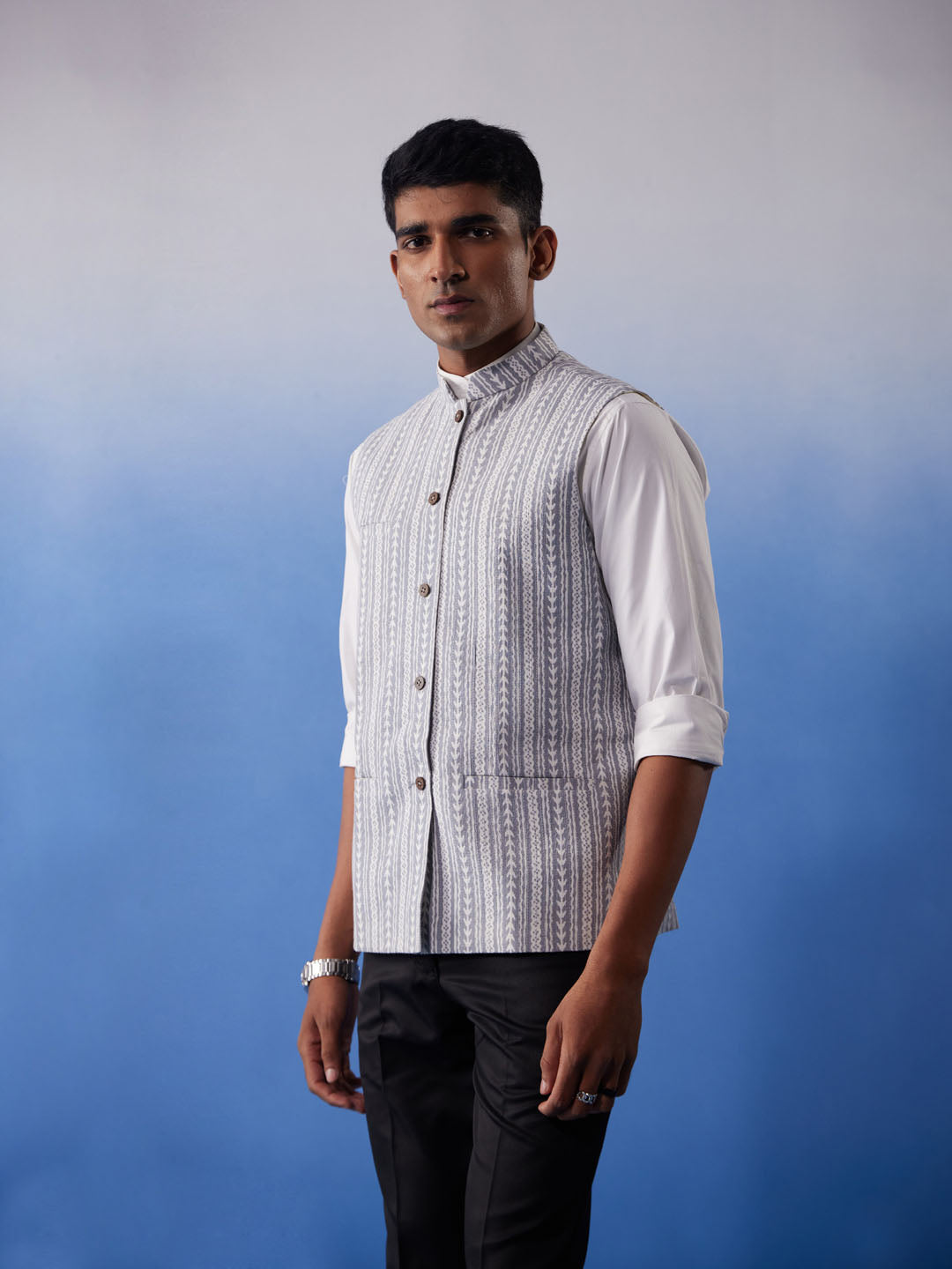 Men's Grey Aztec Print Nehru Jacket