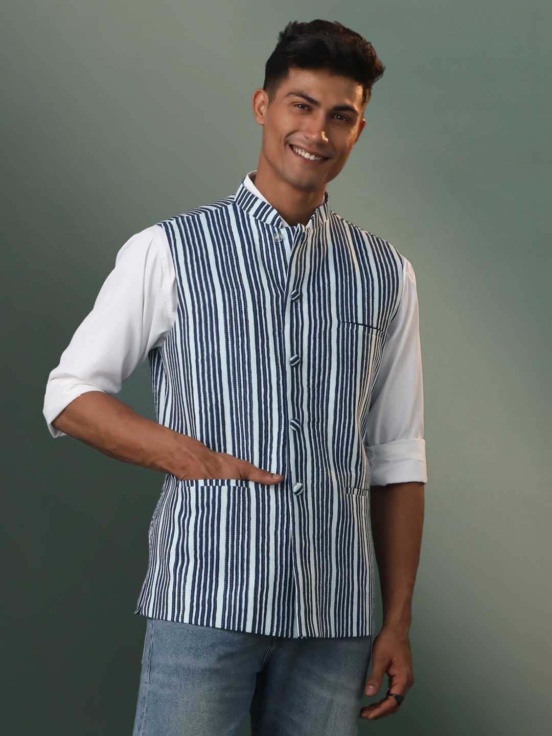 Men's Indigo Striped Kantha Stich Nehru Jacket
