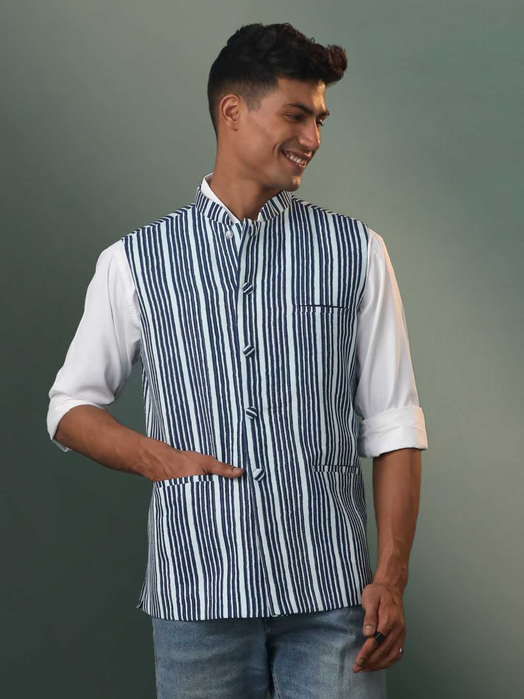 Men's Indigo Striped Kantha Stich Nehru Jacket