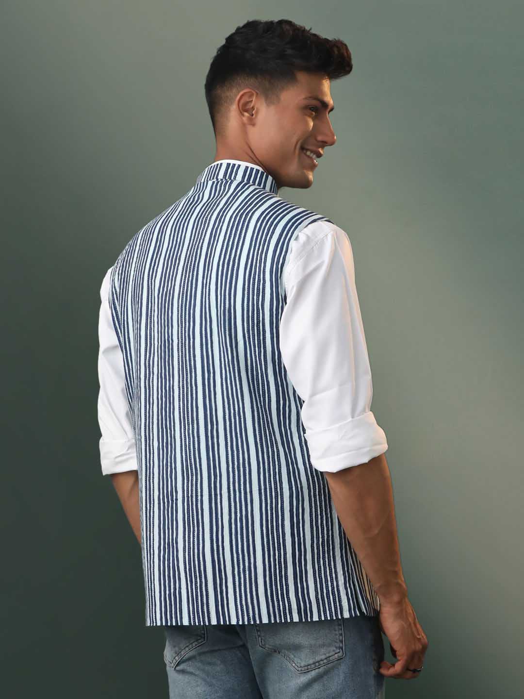 Men's Indigo Striped Kantha Stich Nehru Jacket