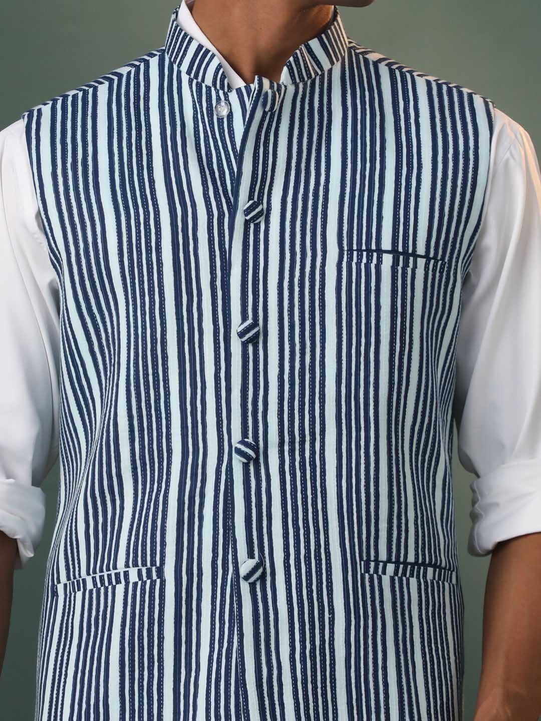 Men's Indigo Striped Kantha Stich Nehru Jacket