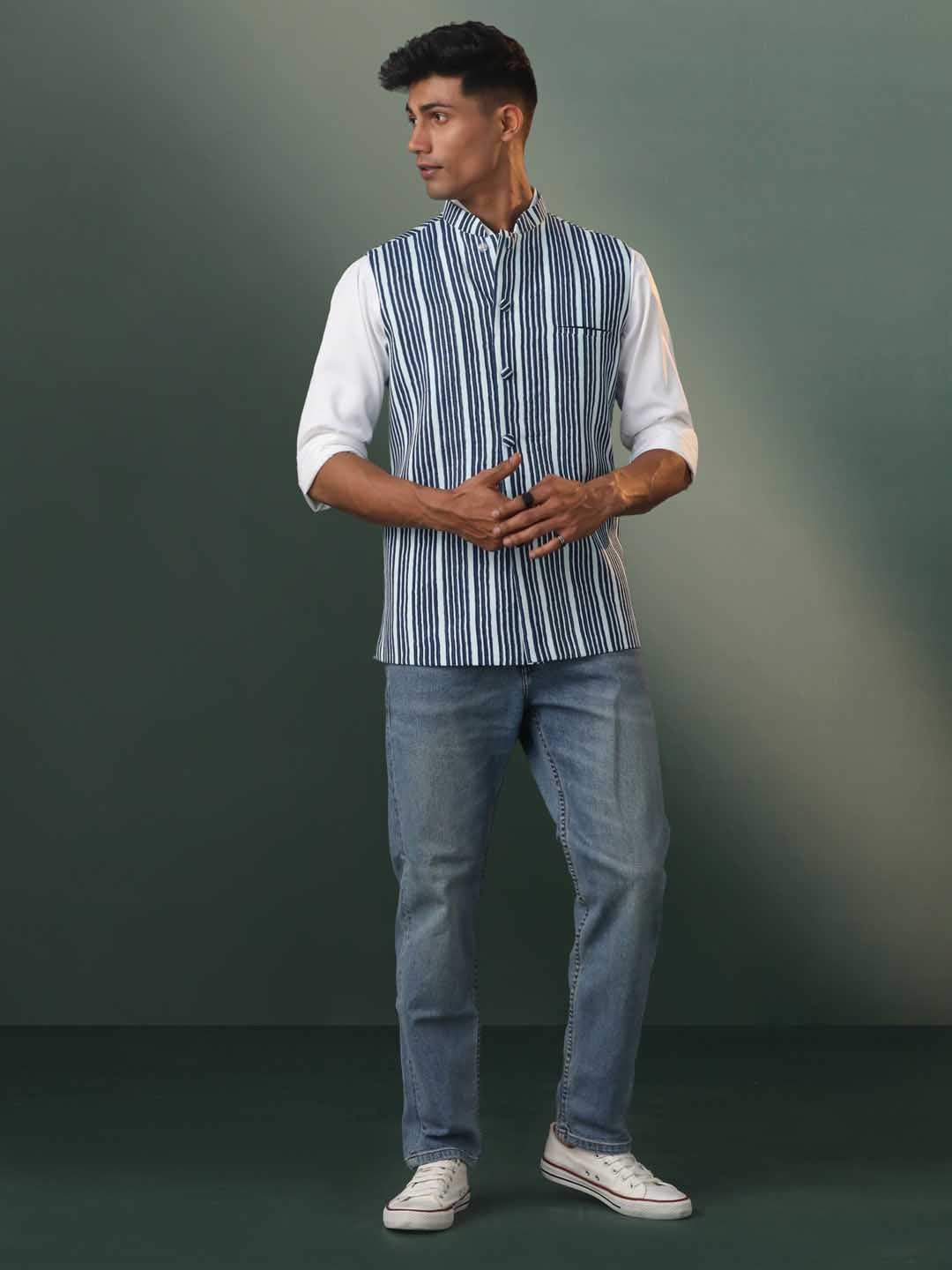 Men's Indigo Striped Kantha Stich Nehru Jacket