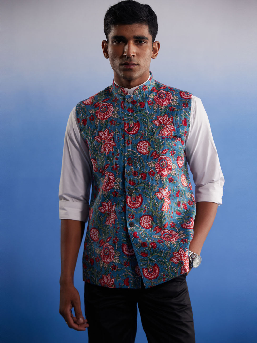 Men's Aqua Printed Nehru Jacket