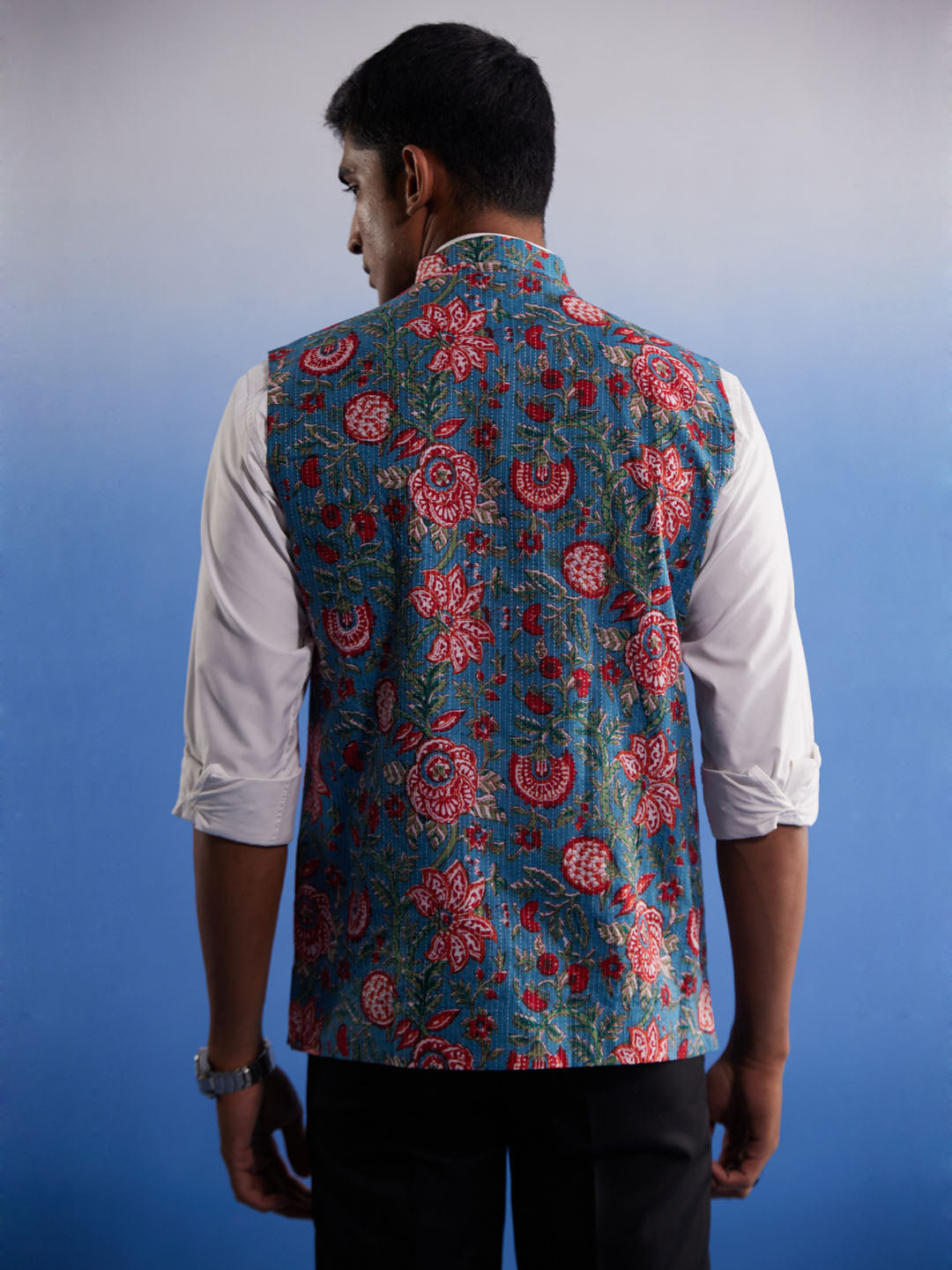 Men's Aqua Printed Nehru Jacket