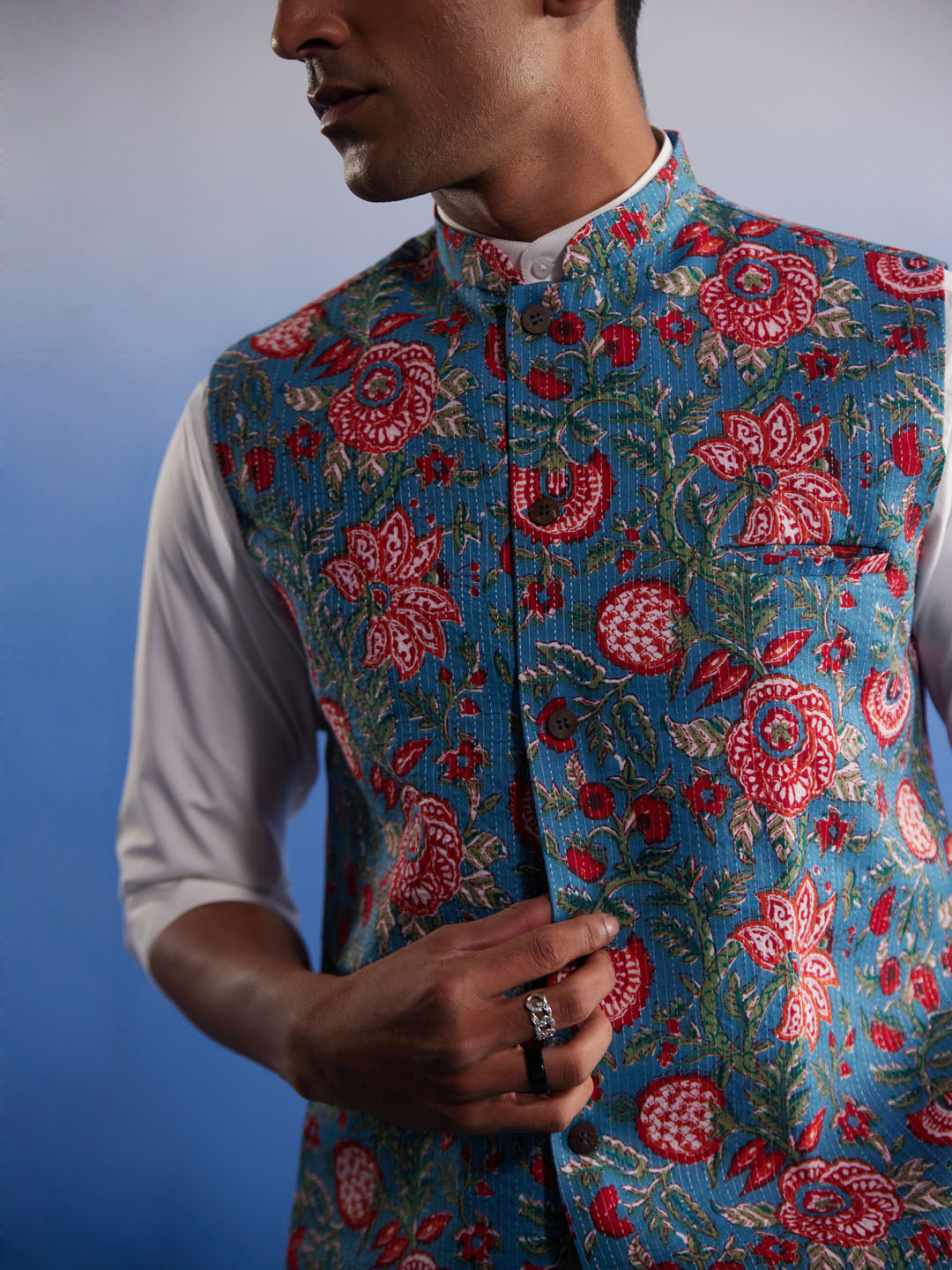 Men's Aqua Printed Nehru Jacket