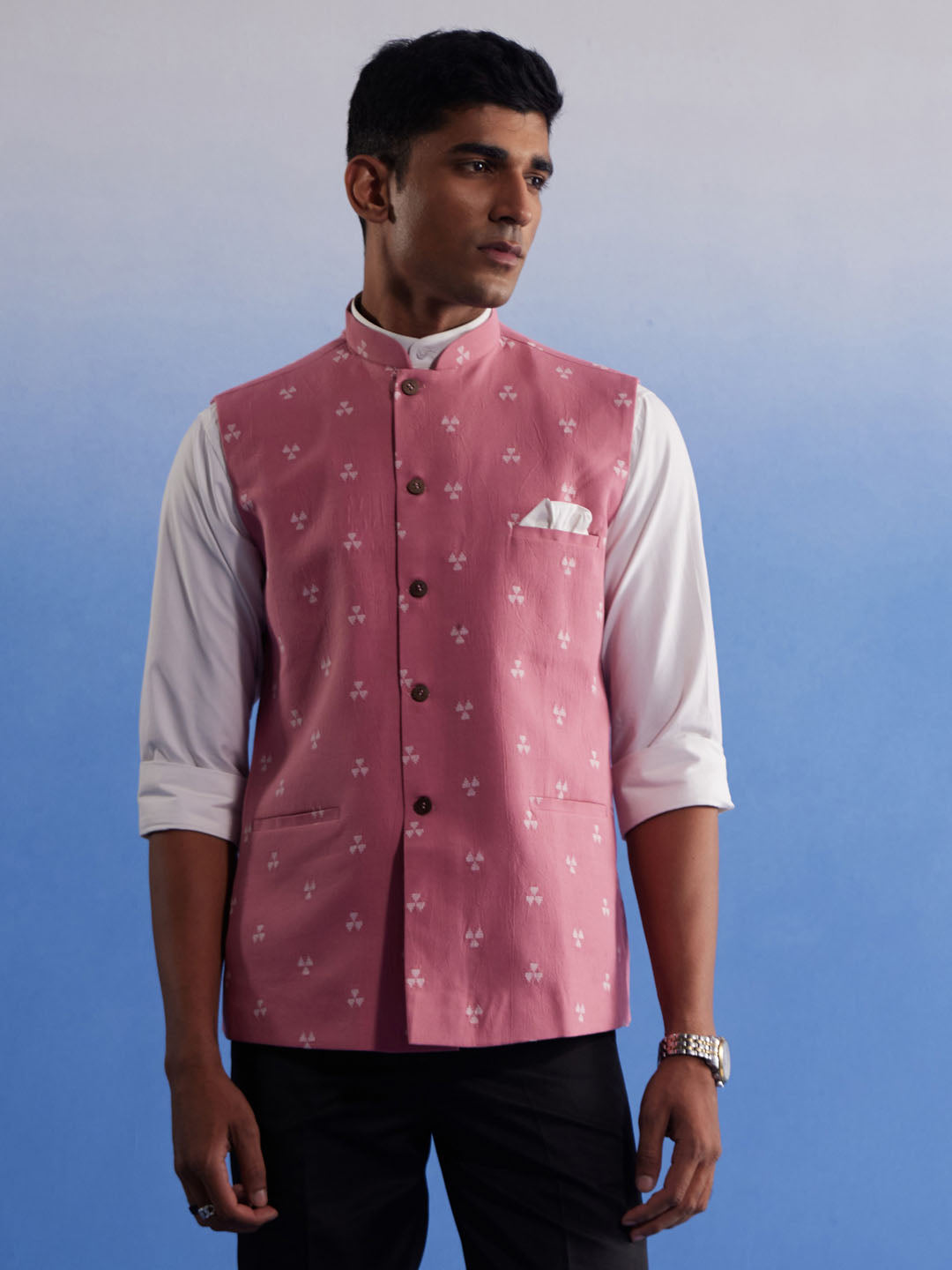Men's Pink Jacquard Nehru Jacket