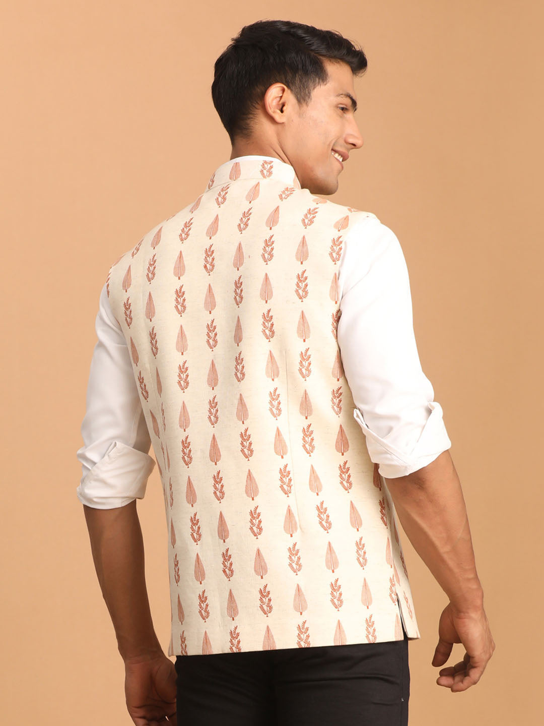 Men's Cream Leaf Printed Pure Cotton Nehru Jacket