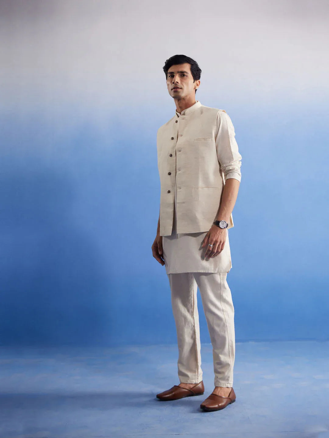 Men's Cream Pure Cotton Nehru Jacket With Short Kurta And Pant Set