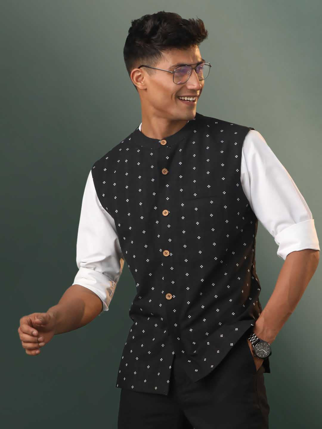 Men's Black Jacquard Cotton Nehru Jacket