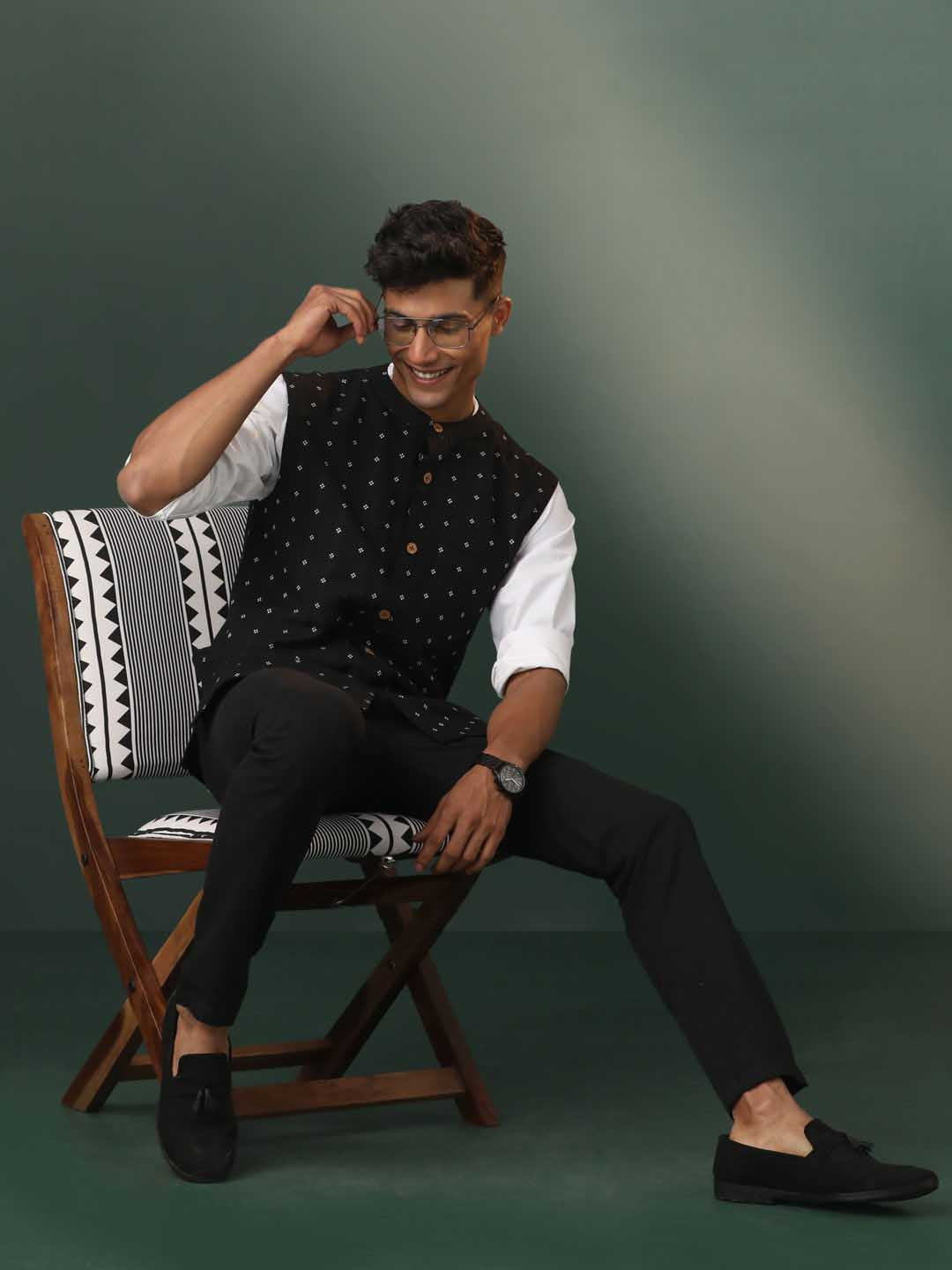 Men's Black Jacquard Cotton Nehru Jacket