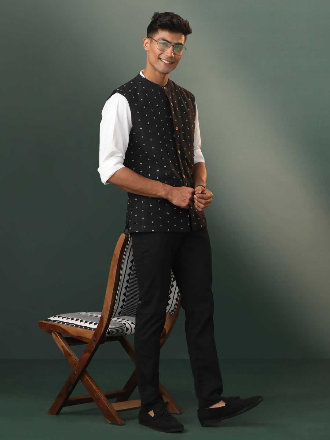 Men's Black Jacquard Cotton Nehru Jacket