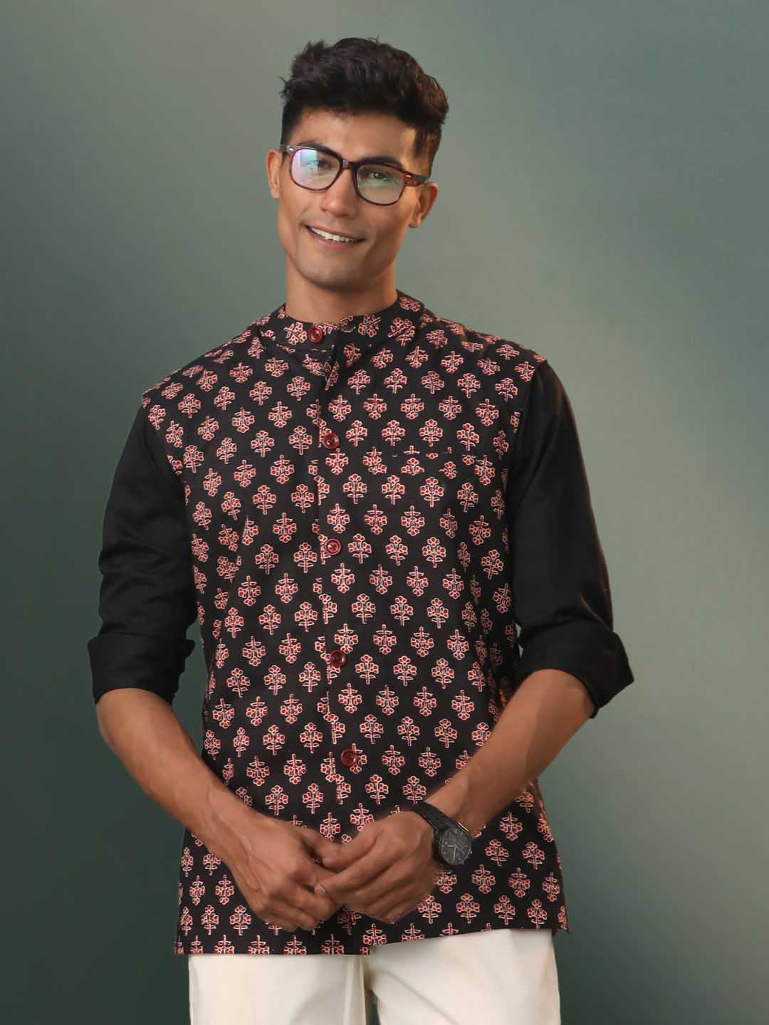 Men's Black Floral Printed Cotton Nehru Jacket