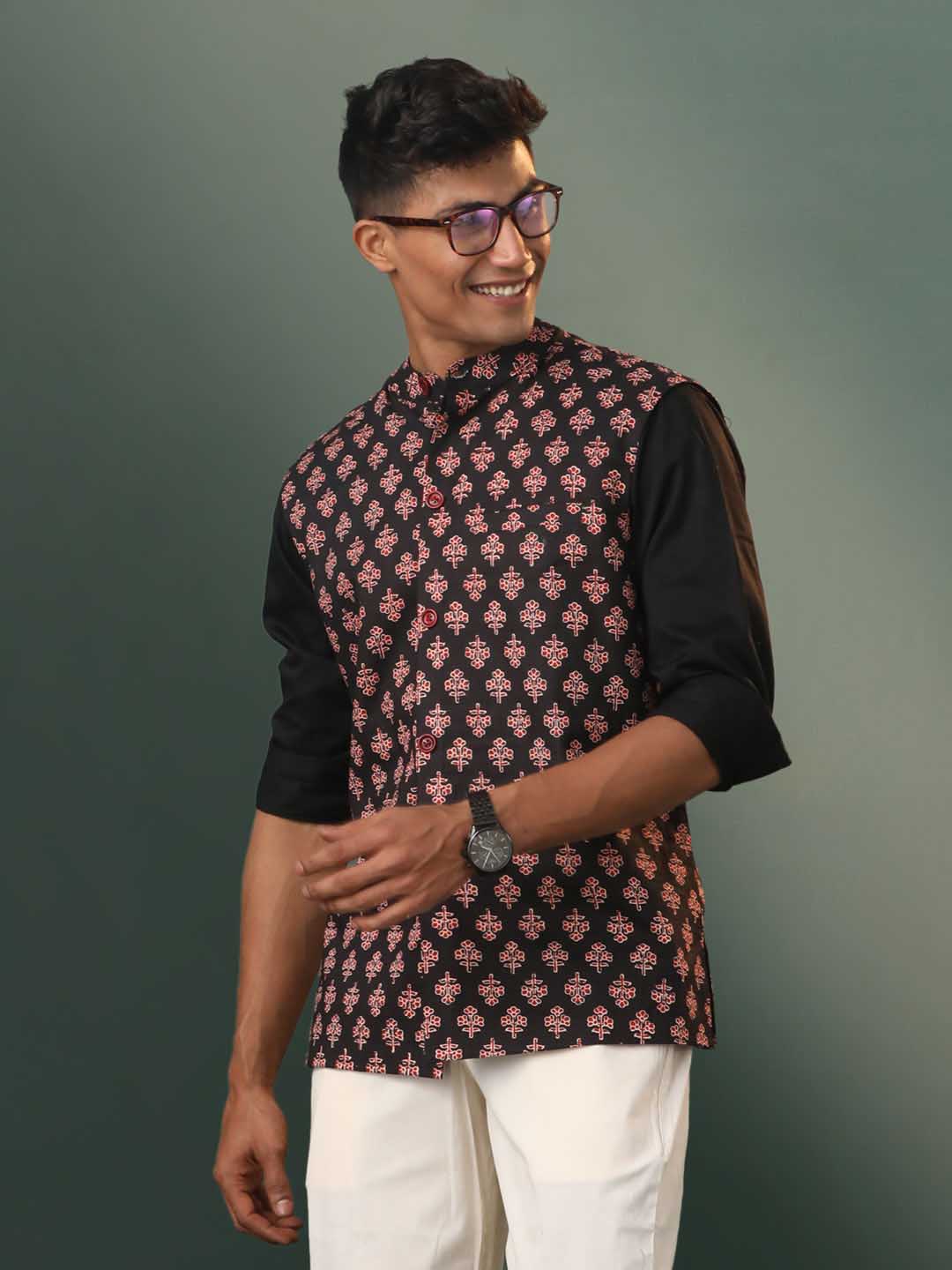 Men's Black Floral Printed Cotton Nehru Jacket