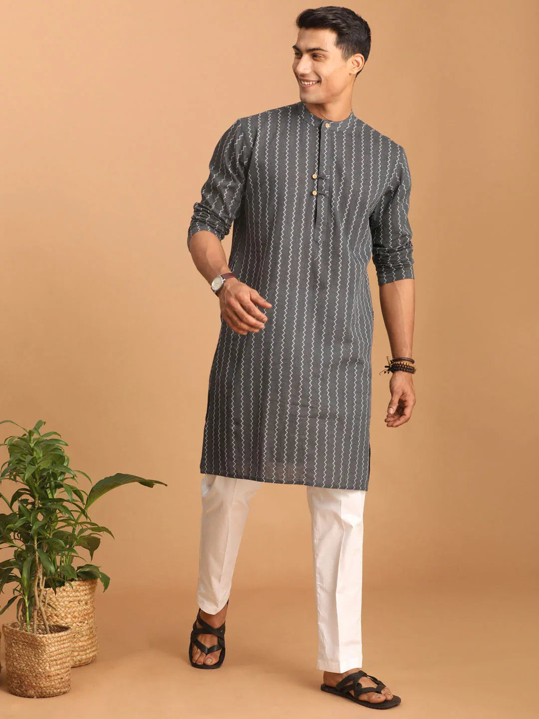 Men's Grey Jacquard Zig Zag Cotton Kurta With Pant Set